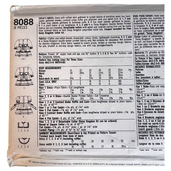 NEW Simplicity 8088 Sewing Pattern Daisy Kingdom Toddler Girl Size 2-4 Dress VTG - Picture 6 of 6